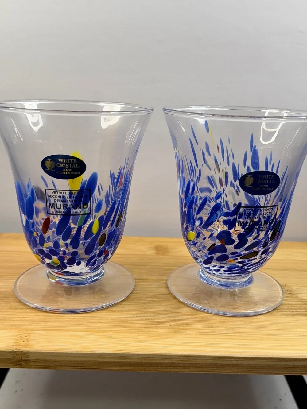 Set of 4 Murano White Cristal Hand Made In Italy Footed Glass Tumblers 4.75